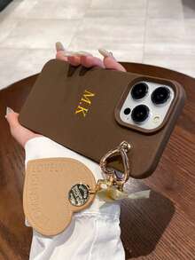 Personalized Customized Faux Leather Heart Charm Phone Case, Leather Heart Pendant Bow Decor Compatible With Apple 17 16 15 14 Pro Max 13 12 11 Plus - Black - View 8