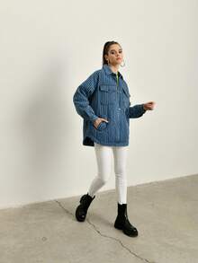Denim Striped Jacket - Blue - MADE IN TURKEY - Navy Blue - View 5