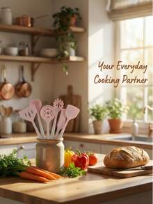 7件/6件套高品质粉色硅胶厨具套装，包含锅铲、汤勺、滤网和刷子。采用无异味硅胶材质，配有舒适的粉白渐变手柄。耐刮擦、不粘、耐热，适用于各种烹饪场景。必备厨房用具套装。 - 彩色 - 查看 5