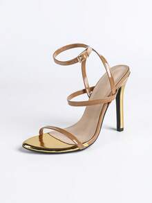 Jin Bei Qi 女士圆头漆皮撞色交叉踝带露趾户外派对细高跟凉鞋，优雅时尚，适合派对、宴会、浪漫场合，杏色 - 杏色 - 查看 8