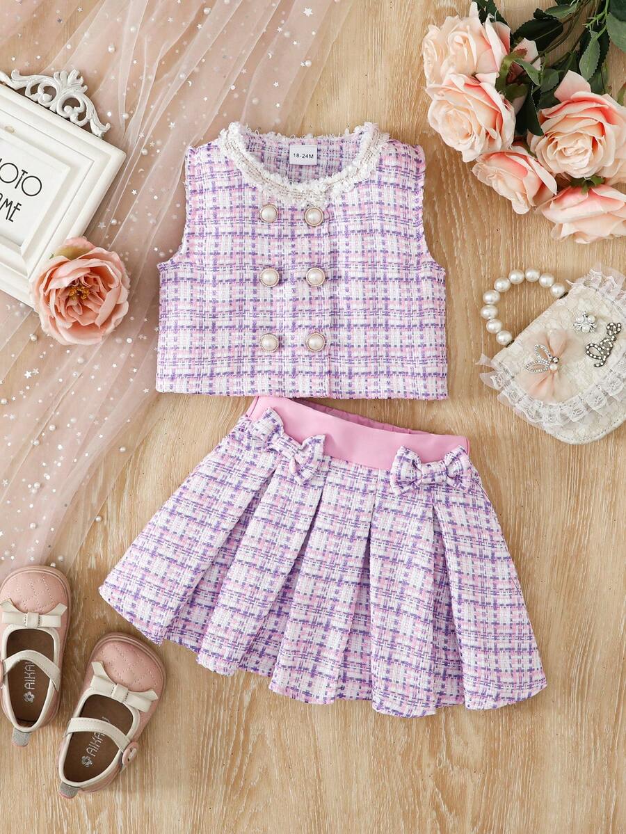 女童无袖荷叶边领格子短款上衣+蝴蝶结百褶裙两件套 - 彩色 - 查看 1