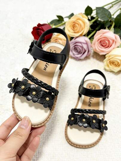 Girls' Summer New Sandals, Black Woven Strap With Flower & Faux Pearl Decor, Design, Soft Sole Comfortable , Versatile For Daily Wear & Party, Fashion Open Toe Flat Sandals, Elementary School Students
