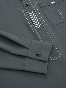 2pcs Dark Grey Dashiki Shirt And Pants Set, White Geometric Line Embroidery, Chest Pocket, Long Sleeve, Round Neck, Elastic Waist Pants, African Fashion, Men's Matching Sets, Casual & Elegant Style For Business, Party, Date, Wedding, Daily Wear, Celebrations And Ceremonies - Dark Grey - View 8