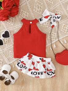 3pcs/Set Baby Girls Valentine's Day Outfit: Camisole, Bowknot Tutu Skirt, Headband - Multicolor - View 2