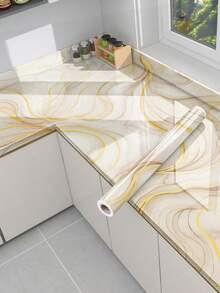 1卷镀金大理石纹理自粘墙纸，棕色花岗岩质感，可剥离粘贴，适用于台面，防水防潮，厚哑光，大理石外观，适用于厨房餐桌，可作乙烯基贴膜。 - 彩色 - 查看 1