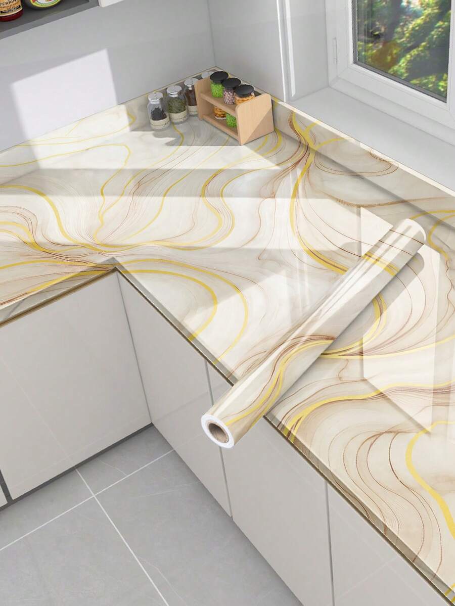 1卷镀金大理石纹理自粘墙纸，棕色花岗岩质感，可剥离粘贴，适用于台面，防水防潮，厚哑光，大理石外观，适用于厨房餐桌，可作乙烯基贴膜。 - 彩色 - 查看 1