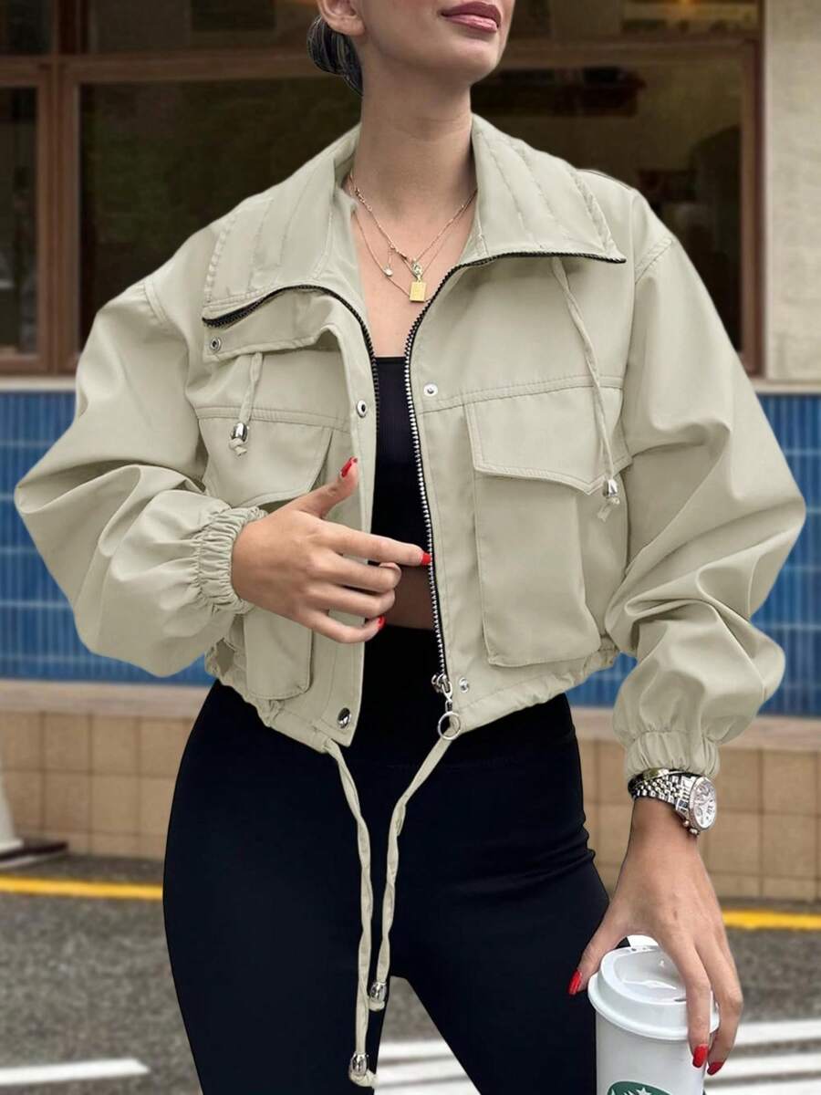 Womens Outdoor Cropped Jacket Zip Up Lightweight Oversized Utility Anorak Coat With Pockets For Camping Hiking Streetwear - Màu be - Xem 1