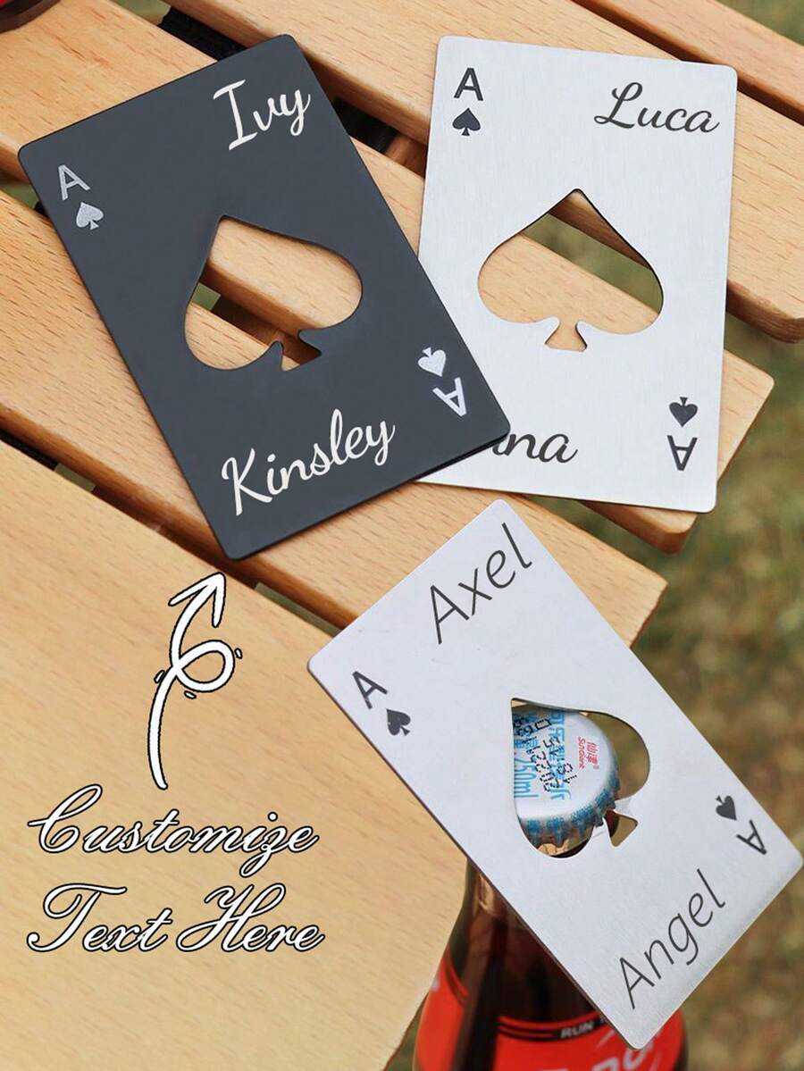 10pcs Customized Spade A Credit Card, Creative Poker Shaped Stainless Steel Household Tool Bottle Opener, Spade Bottle Opener, Customizable Text, Stainless Steel Can Opener, Elegant Black And White Design, Suitable For Parties, Weddings, Holidays, Ideal For Bar Activities, Christmas, Birthday, Father's Day, Valentine's Day Gifts, Smooth Metal Appearance, Metal Structure, Household Items, Business Office Supplies ,Forever Love, Wall Decor - Multicolor - View 1