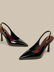 Women's Black Patent Leather Pointed Toe Kitten Heel Pumps, Elegant Formal Fashion Closed Toe Party Dress Shoes With Ankle Strap