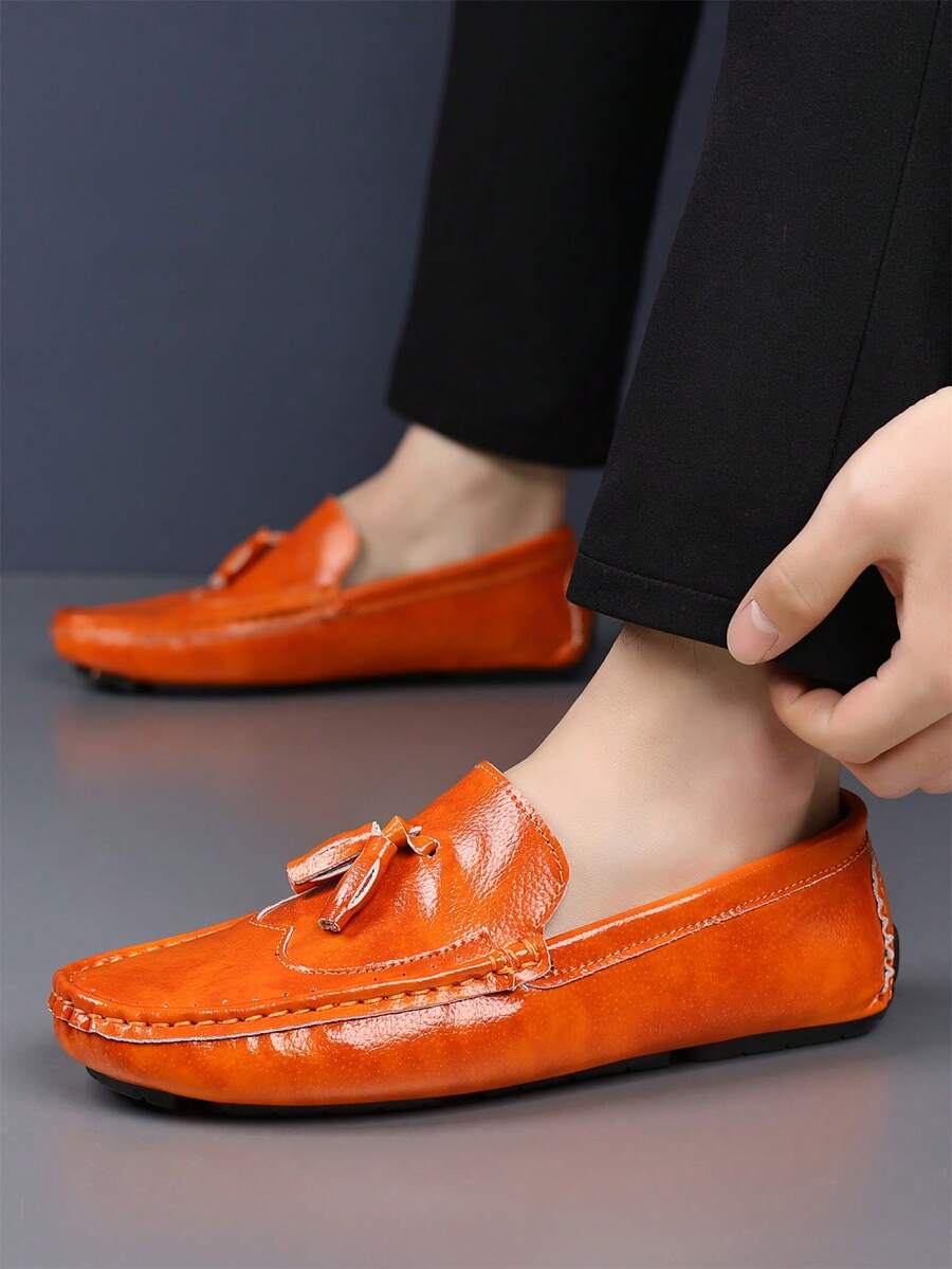 大码男士乐福鞋，休闲学院风鞋，舒适一脚蹬驾车鞋，棕色真皮船鞋，男士休闲平底鞋
