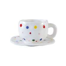 CMYD Studio 1 件 280 毫升原创北欧风格手工陶瓷咖啡杯碟套装，多色格子、心形、云朵、花卉图案，适合下午茶、牛奶、拿铁、甜点盘 - 很棒的礼物