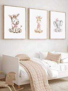 3幅现代女孩动物图案水彩画，粉色蝴蝶结装饰，学期开始主题墙贴，节日礼物，卧室装饰，客厅装饰，办公室装饰，教室装饰，墙面艺术，墙面装饰，家居装饰，房间装饰，帆布墙画，海报，带框墙画，可选画框 - 彩色 - 查看 5