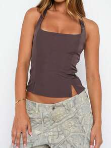 Women's Summer Tank Tops Sleeveless Square Neck Cami Flared Hem Zipper Back Shirts Top - màu nâu - Xem 4