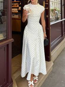 QUNGIGU 女士波点连衣裙，复古短袖，优雅长裙，白色连衣裙，女士优雅连衣裙，优雅派对连衣裙 - 白色 - 查看 4