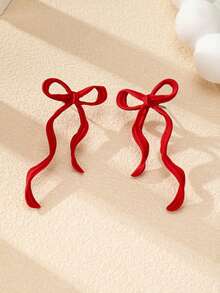 1 Pair Red Classic Bow & Golden Teardrop Earrings, Suitable For Dates And Wearing Bows As Valentine's Day Gifts, Suitable For Daily Wear - Red - View 1