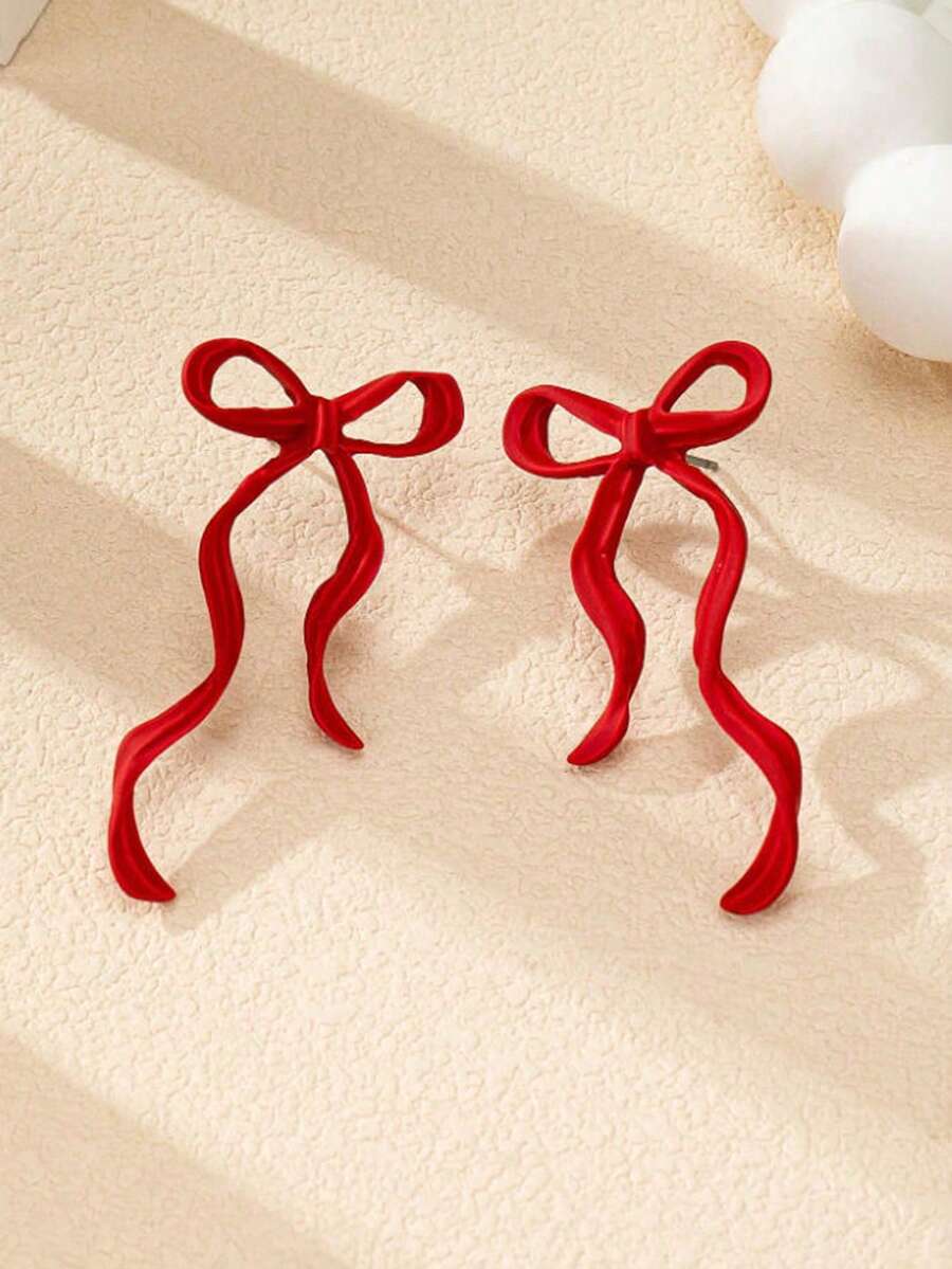 1 Pair Red Classic Bow & Golden Teardrop Earrings, Suitable For Dates And Wearing Bows As Valentine's Day Gifts, Suitable For Daily Wear - Red - View 1