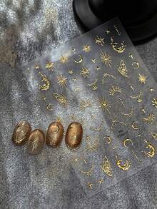 1 片金色浮雕金属复古美甲贴纸，带有闪亮的星星和月亮图案，5D 装饰贴纸，适用于 DIY 美甲艺术魅力设计美甲用品美甲贴纸 - 彩色 - 查看 5