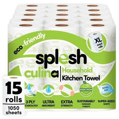  Splesh Culina Kitchen Towel 3 Ply Ultra Absorbent Household XL Rolls, Strong Durable Paper Towels, Long Lasting High Usage Bulk Supply For Home, Catering And Office, 15 Or 30 Rolls