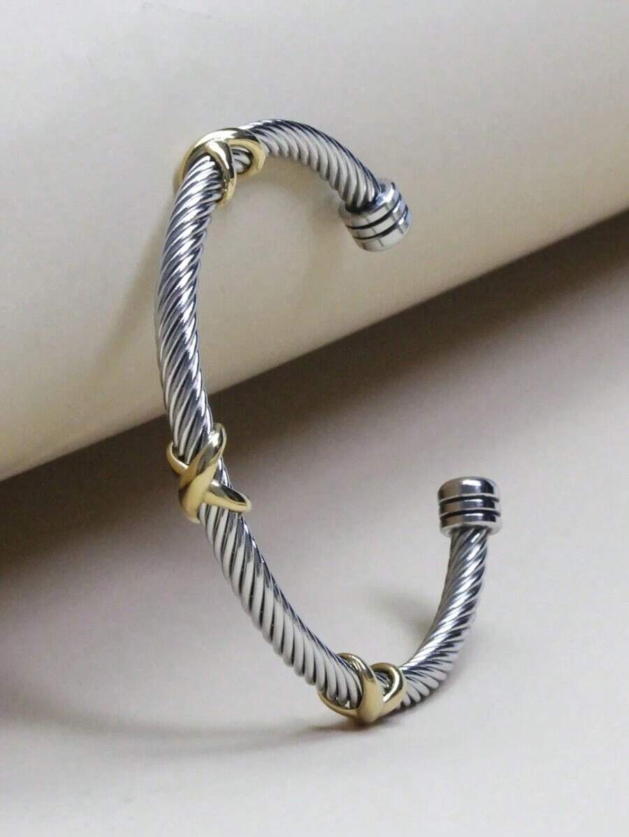 1pc Fashionable Minimalist Classic 5mm Stainless Steel Wire Cuff Bangle/Bracelet Women, With Open End, Suitable As Family, Friends, Couples, Party, And Festivals Valentines,Mom,Mother,Mother's Day, - Multicolor - View 1