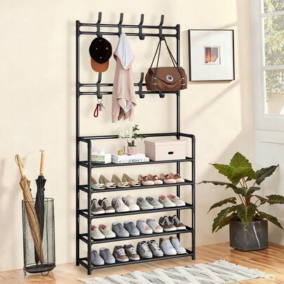 Estante Zapatera Organizador de Zapatos, Ropa, Bolsas y Sombreros,  Perchero Multifuncional con Estantes de Almacenamiento para Entrada, Dormitorio o Sala