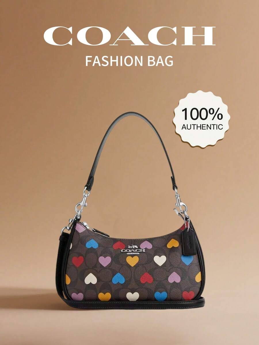 Coach Túi đeo vai Teri Signature bằng vải canvas, in hình trái tim, khóa kéo phía trên, kiểu dáng thường ngày, đa năng CP112 SVN2R Phiên bản Ngày Valentine - Nhiều màu - Xem 1