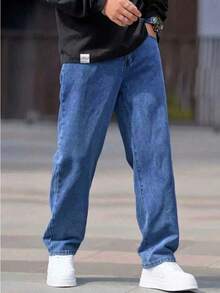 DG XUNLIN MODA 2025, Nuevos para hombres, pantalones vaqueros casuales verticales relajados estadounidenses, azul, azul claro, cintura alta, marcas de moda, trabajo diario, viajes, viajes de negocios, primavera, verano, otoño e invierno están disponibles - Azul lavado medio - Ver 3