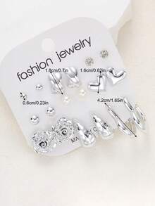 18pcs Elegant Heart, Water Drop, Flower, Faux Pearl & Rhinestone Geometric Pattern Earring Set, Fashionable Jewelry Gift For Women, Suitable For Date, Party, Wedding, Birthday, Christmas, Daily Wear - Silver - View 6