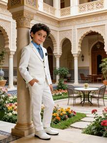 1 conjunto de terno formal para meninos: 1 blazer + 1 calça + 1 gravata, adequado para casamento, apresentação, festa e outras ocasiões formais - Branco - Ver 2