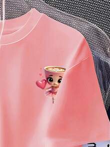 少女卡通印花圆领落肩休闲宽松T恤 - 粉色 - 查看 4