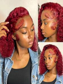 99J Burgundy 250 Density Curly Short Bob Wigs Human Hair 13x4 HD Transparent Lace Front Wigs Human Hair Pre Plucked Glueless With Baby Hair Red Colored Brazilian Remy Kinky Curly Lace Closure Wigs For Women - 勃根地 - 查看 3