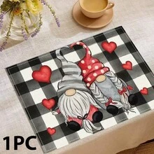 1/4/6/8/12 Stücke Set, Rotes Herz Muster, Valentinstag, Karomuster, Leinen Tischsets, waschbare bedruckte Tischsets, Oberflächenschutzmatten, Tischsets für Innen und Außen, geeignet für Feierlichkeiten und Küchendekoration - Verschiedenfarbig - Übersicht 12