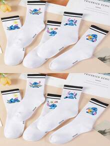 1 Pair/5 Pairs/10 Pairs Women's Mid-Calf Socks - Disney Stitch Pattern, Couple Mid-Calf Socks, Two-Stripe Sports Mid-Calf Socks, Versatile Style, Suitable For Daily Wear And As Holiday Gifts - Multicolor - View 9