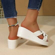Giày sandal đế xuồng cao gót buộc dây đế dệt dành cho nữ, thoải mái cho sử dụng hàng ngày, đi nghỉ mát, làm quà tặng, trang trí nơ đính đá. - Màu be - Xem 8