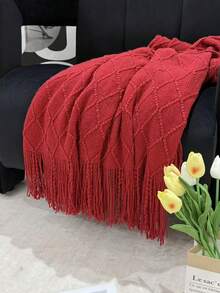 1 Diamond Grid Textured Knit Throw Blanket, Soft And Comfortable, Suitable For All Seasons, Suitable For Sofa, End Of Bed, Travel, Home Decor - Mixed Color Geometric Pattern, Acrylic Fabric - 菱形巾酒紅 - 查看 4