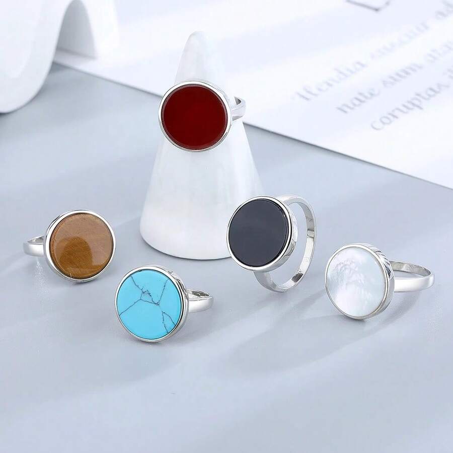 15mm Natural Lapis Lazuli, Agate, Turquoise Minimalist Design Cute Ring, Exquisite Jewelry, Perfect Choice For Women, Suitable For Party And Daily Wear - Round - View 1