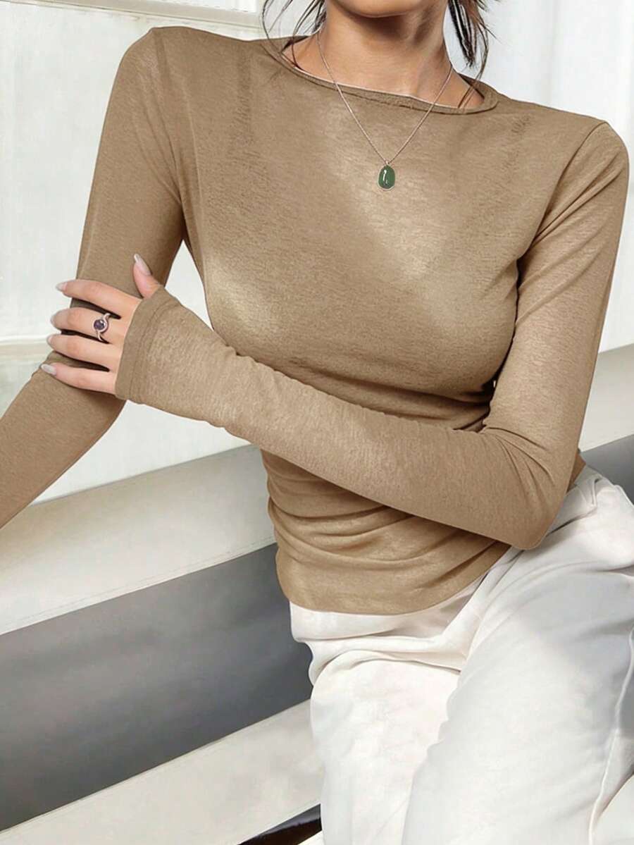 Y2K Elastic Sheer Long Sleeve Crew Neck Fitted T-Shirt Top Spring - Khaki - View 1