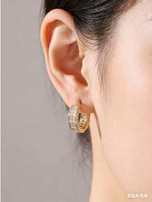 1 par de pendientes de aro geométricos redondos de cobre con circonita, elegantes y brillantes pendientes de alta gama para mujer para fiestas, citas y regalos - Amarillo Oro - Ver 2