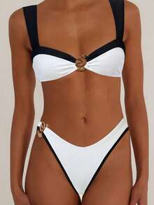Contrast Color Piping Metal Ring Decor Bikini Swimwear Set - Black and White - View 4
