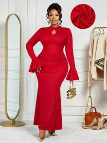 BIUBIU 优雅性感女士针织长款派对连衣裙，钥匙孔领口，长款常规袖，褶皱荷叶边镂空细节，优雅红色 - 紅色 - 查看 1