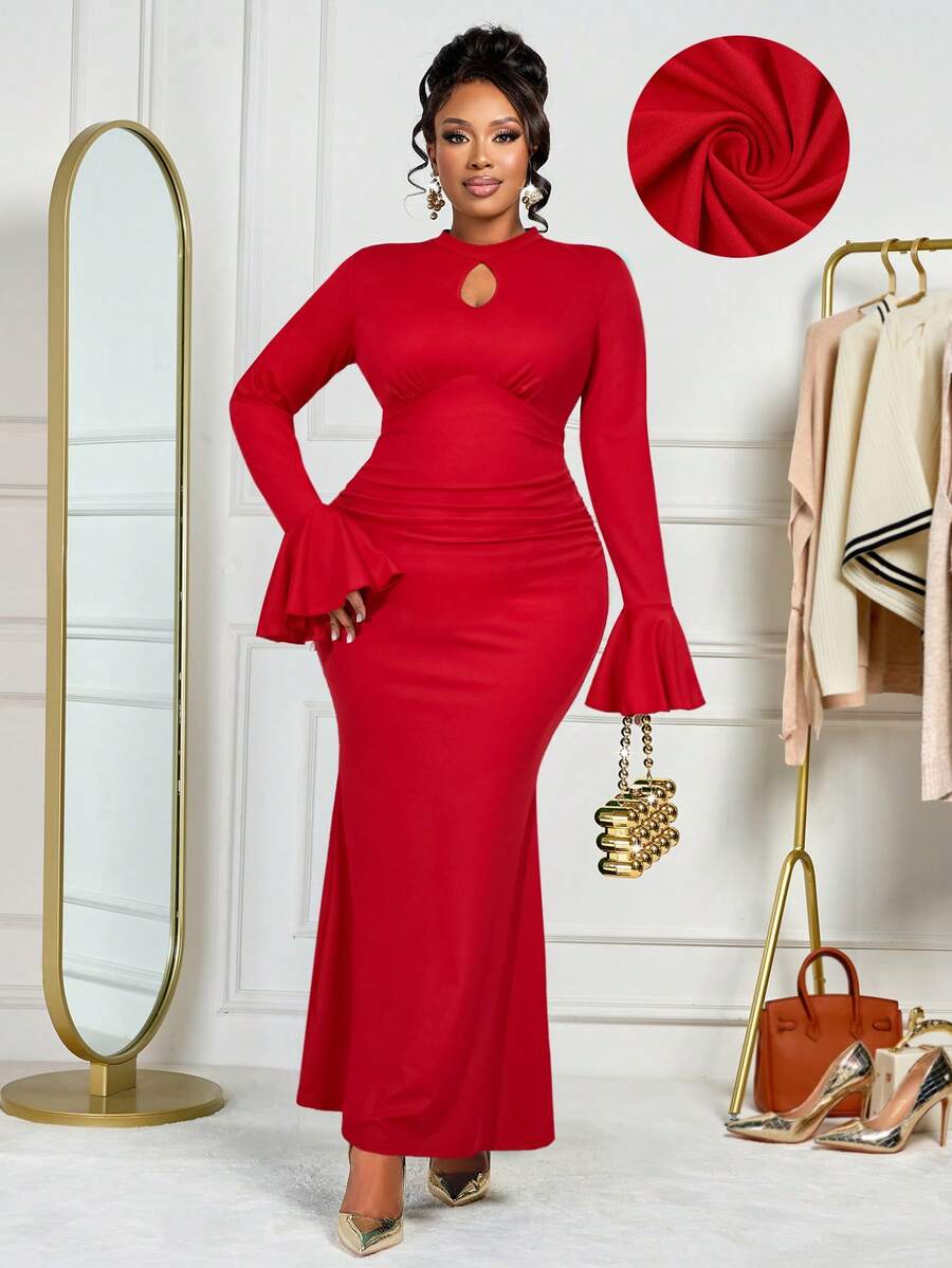 BIUBIU 优雅性感女士针织长款派对连衣裙，钥匙孔领口，长款常规袖，褶皱荷叶边镂空细节，优雅红色 - 紅色 - 查看 1