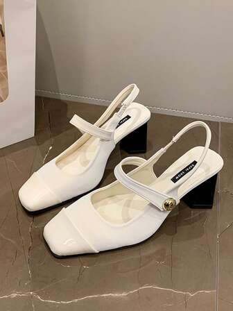 Women's Fashion High Heel Mary Jane Shoes, Square Toe Thick Heel Elastic Band, Elegant Slingback Pumps