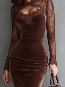 Womens Long Sleeve Sheer Lace Cutout Neck Velvet Bodycon Mini Dress - 咖啡 - 查看 2