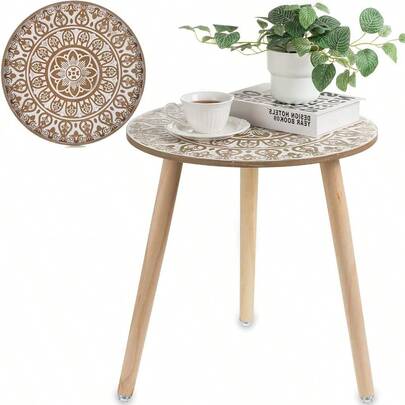 Hanobe Small Round Side Table: Set Of 2 Boho End Tables For Living Room Bohemian Accent Bedside Table White Bedroom Nightstand Farmhouse Home Decor Decorative With 3 Wood Legs Easy Assembly