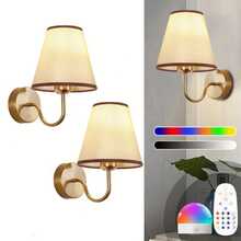 Battery Powered Wall Lamp, Wireless Wall Light With 2000mAh Dimmable Bulb And Remote Control, 15-Color Rechargeable Gold Wall Lamp With Fabric, Suitable For Bedroom, Living Room, Corridor Wall Decor - Tricolor +12RGB - View 1