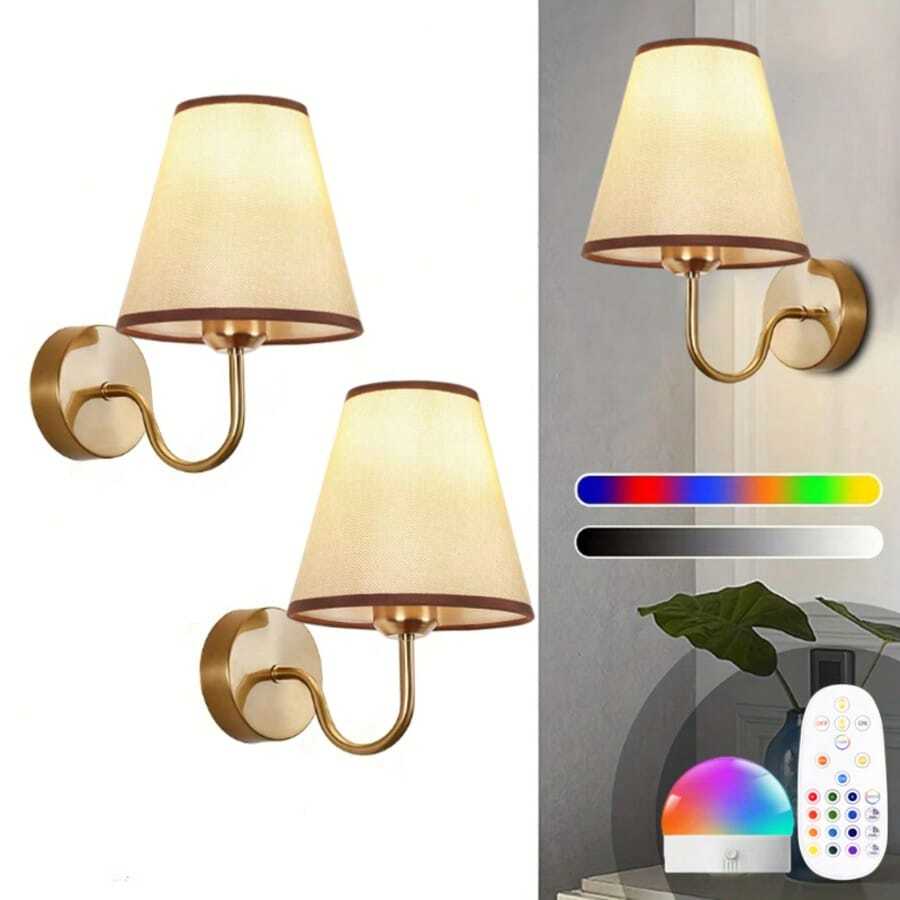 Battery Powered Wall Lamp, Wireless Wall Light With 2000mAh Dimmable Bulb And Remote Control, 15-Color Rechargeable Gold Wall Lamp With Fabric, Suitable For Bedroom, Living Room, Corridor Wall Decor - Tricolor +12RGB - View 1