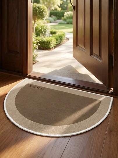 1件装可水洗简约迎宾半圆形绒面门垫，适合室内使用，耐磨，易清洁，可机洗，轻质涤纶半圆形地垫，主要用于前门/后门、卧室、餐厅、书房、入口处，采用优质绒面材质，个性化家居装饰，时尚家居装饰，新年礼物，平台畅销产品。整体厚度0.5厘米-0.7厘米。走廊地毯，小地毯