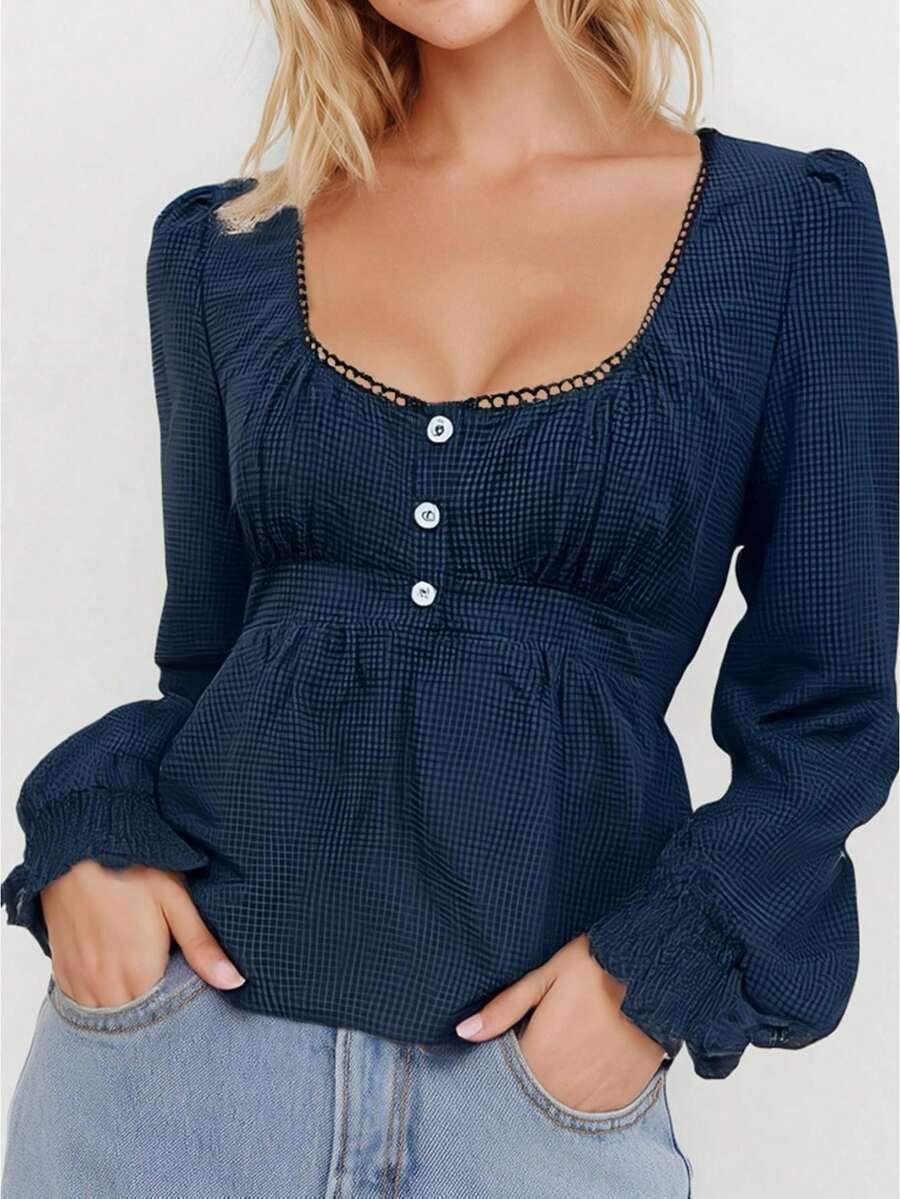 Womens Tie-Up Back Maternity Tops Long Sleeve Plaid Print Peplum Shirts Spring Fall Blouses - 深藍色 - 查看 1