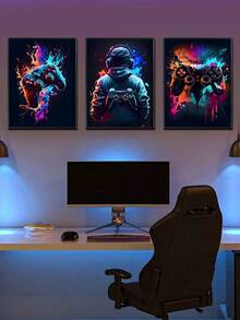 3pcs Unframed Canvas Posters, Modern Art, Cool Gaming Devices, Character Background, Neon Art Oil Painting Posters, Suitable For Bedroom, Living Room, Dining Room, Kitchen, Study, Corridor, Dormitory Decoration, Ideal Gift For Friends, Wall Art, Wall Decor, Home Decor, Room Decor Canvas Painting - Multicolor - View 12