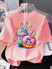 Tween Girl Cartoon Print Loose Fit Short Sleeve Top - Pink - View 3