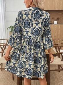 Bohemian Stil A-Linie Minikleid, V-Ausschnitt Design, 3/4 Ärmel - Aprikose und Blau - Übersicht 2